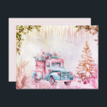 Navidades Watercolor Vintage Truck Winter Scene<br><div class="desc">Una hermosa tarjeta de Navidades de un camión de cosecha rosa y azul pastel sobre un fondo invernal usando la opción de filtro para coincidir con el camión</div>
