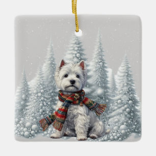 Navidades Westie con adorno de árboles nevados