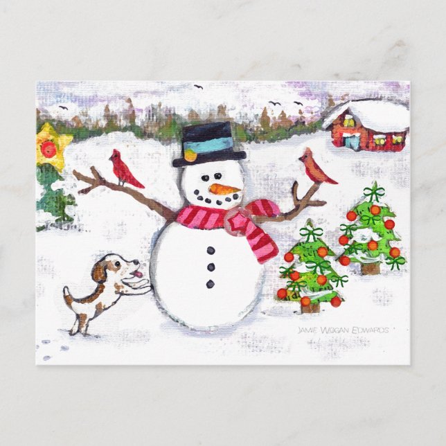 Navidades Winter Snowman y postal de perros copios (Anverso)