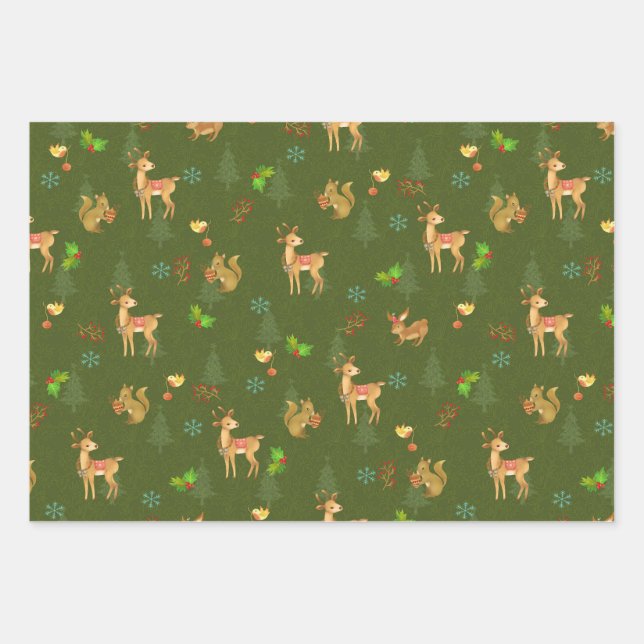 Navidades Woodlands Envoltura de papel verde plano (Anverso)