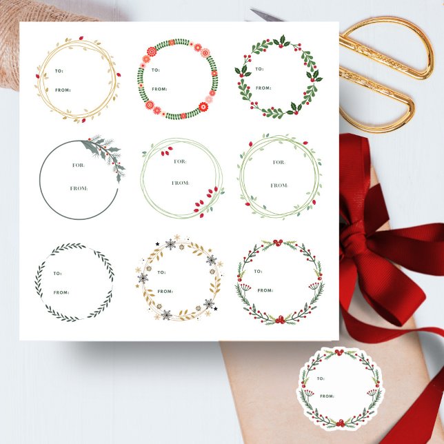 Navidades Wreath Gift Label Pegatina 9pc Set (Subido por el creador)