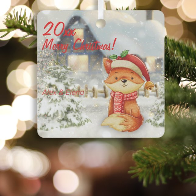 Navidades zorro casa Metalizado Ornamento cuadrado (Subido por el creador)