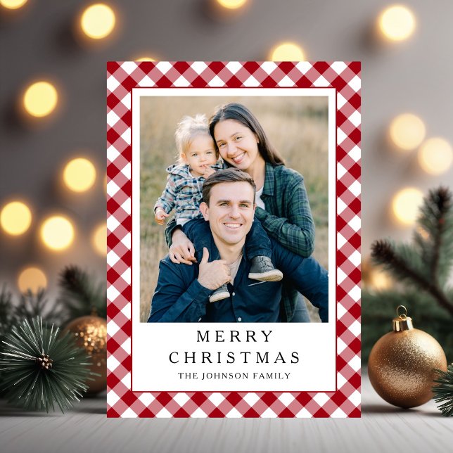 Navideño Cuadrado de Ramojo Rojo Foto Navidad (Festive Red Gingham Photo Christmas Holiday Card)