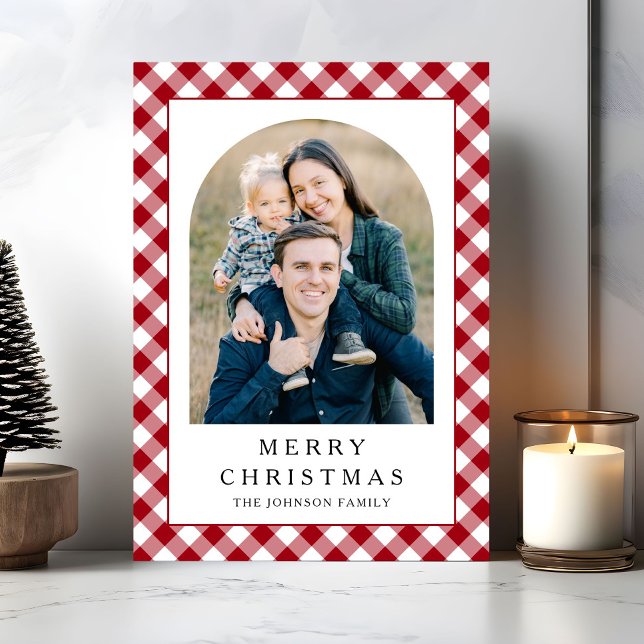 Navideño Gingham Foto Navidad (Festive Gingham Photo Christmas Holiday Card)
