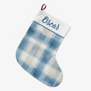 Navideño Grande Calcetín de Navidad a Cuadros Azul y Blanco con No