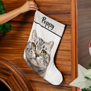 Navideño Grande Calcetín de Navidad con Foto y Nombre de Gato Pers