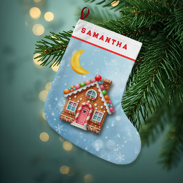 Navideño Grande Casa de Jengibre Azul Personalizada Calcetín de Na