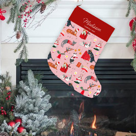 Navideño Grande Gatos retro rosa Navidad | Fiesta | Calcetín