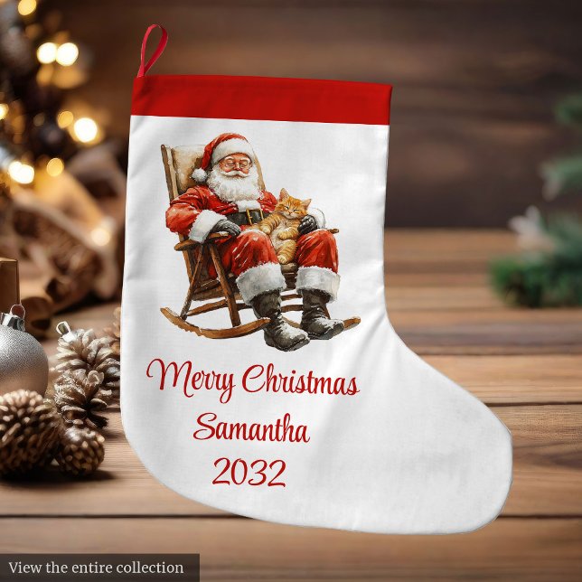 Navideño Grande Papá Noel Rústico Calcetín Rojo Blanco Tradicional (Rustic Santa Claus Traditional Red White Stocking)