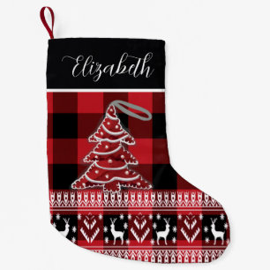 Navideño Pequeño Calcetín de Navidad Personalizado Plaid Rojo Negro