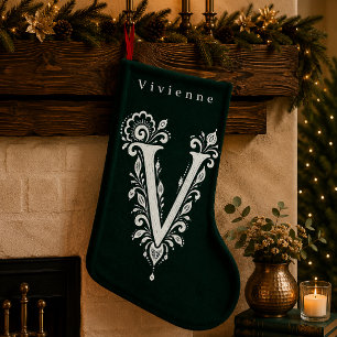 Navideño Pequeño Calcetín Personalizado con Monograma Botánico de L