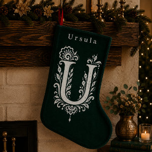 Navideño Pequeño Calcetín Personalizado con Monograma Botánico de L
