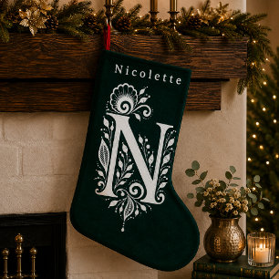 Navideño Pequeño Calcetín Personalizado con Monograma Botánico de L