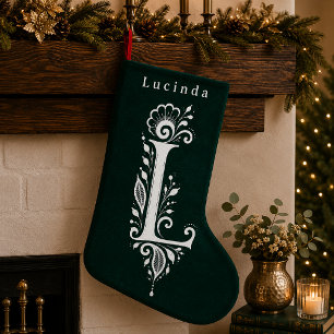 Navideño Pequeño Calcetín Personalizado con Monograma Botánico de L