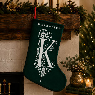 Navideño Pequeño Calcetín Personalizado con Monograma Botánico de L