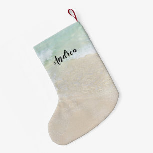 Navideño Pequeño Plantilla de nombre de escena de playa Calcetín de