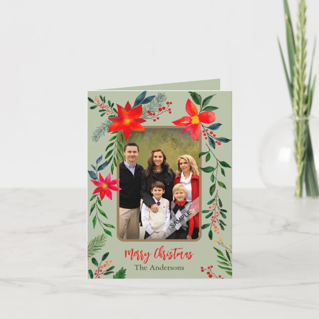 Navideño Rojo Floral Acuarela 1 Foto Navidad (Anverso)