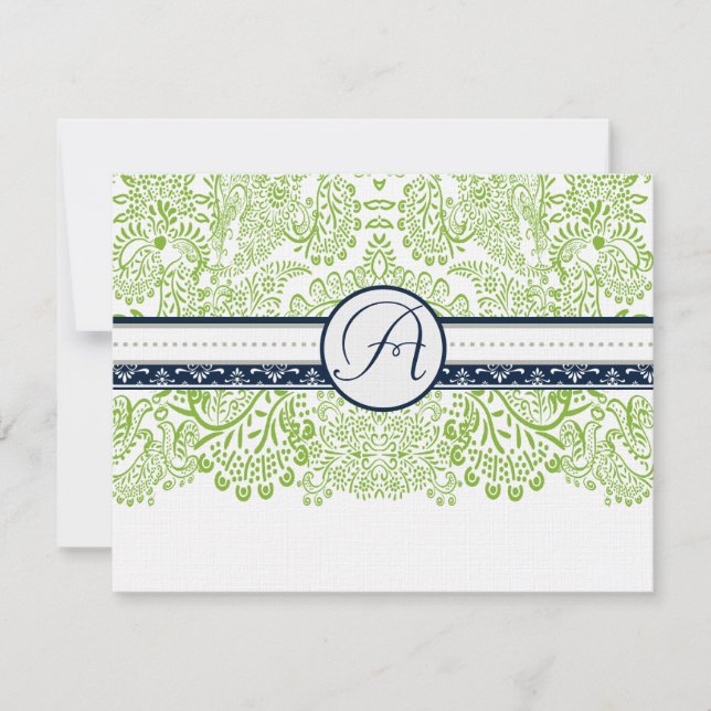 Navy Apple Green Gray Love Birds Wedds Wedds RSVP (Anverso)