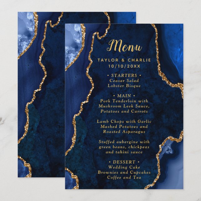 Navy Blue and Gold Agate Wedding Menu (Anverso / Reverso)