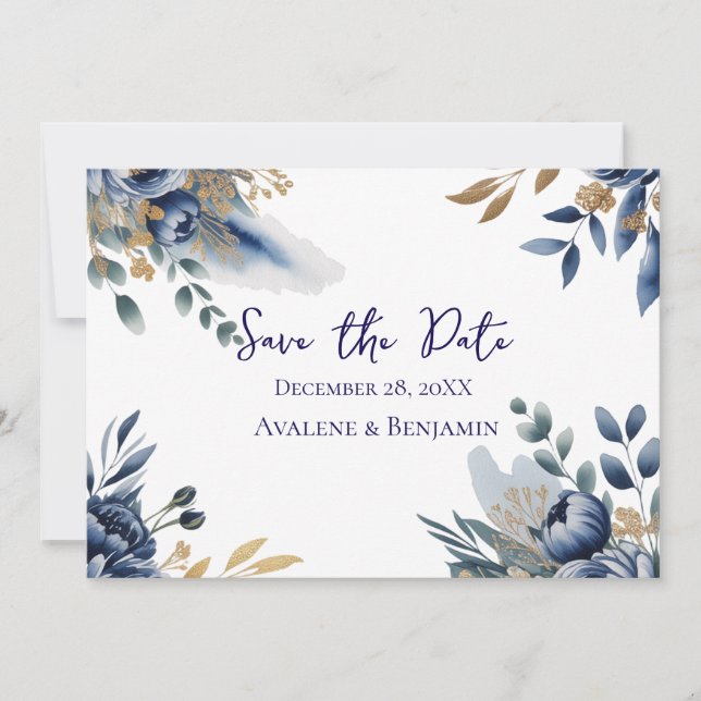 Navy Blue and Gold Peony Wedding Thank You Card (Anverso)