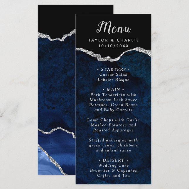 Navy Blue and Silver Agate Wedding Menu (Anverso / Reverso)