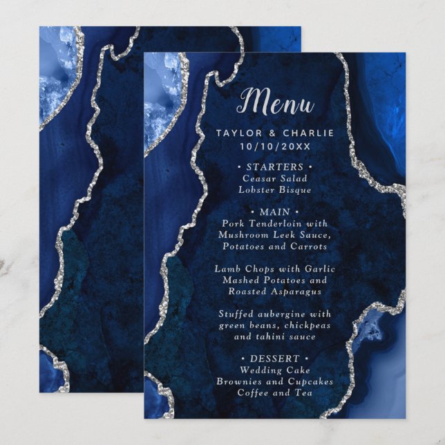 Navy Blue and Silver Agate Wedding Menu (Anverso / Reverso)