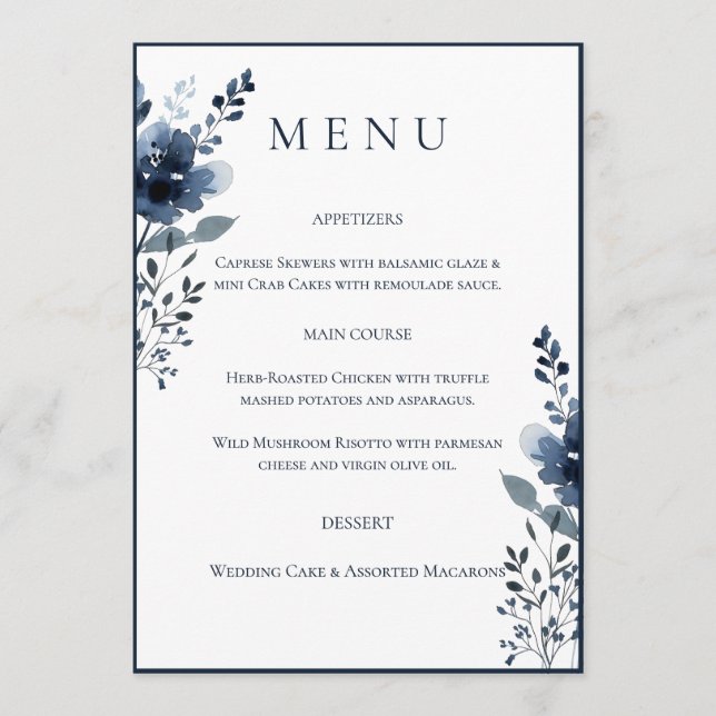 Navy Blue Botanical Wedding Menu (Anverso)
