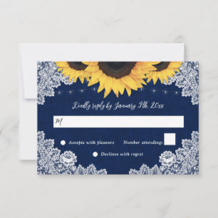 Navy Blue Burlap Lace Sunflower Wedding RSVP Cards