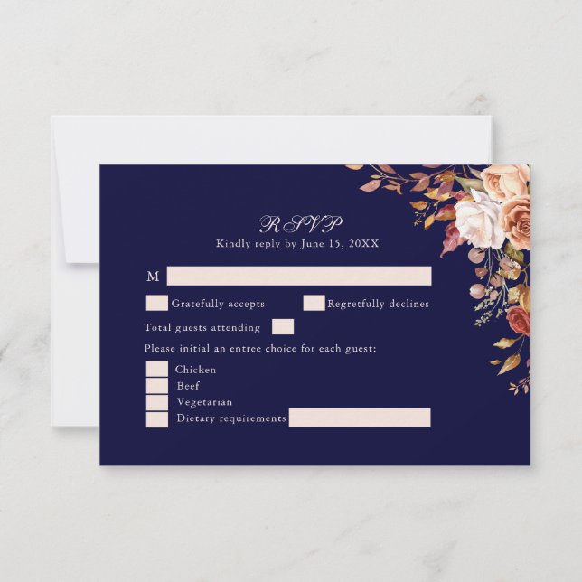 Navy Blue Burnt Orange Floral Wedding RSVP Card (Anverso)