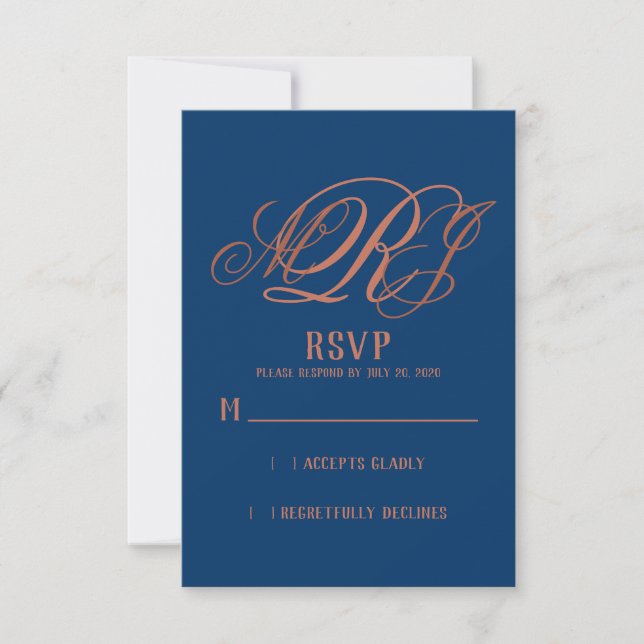 Navy Blue Copper Elegant Monograma Wedding RSVP (Anverso)
