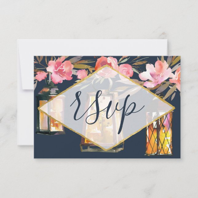 Navy Blue Coral Lanterns Floral RSVP (Anverso)