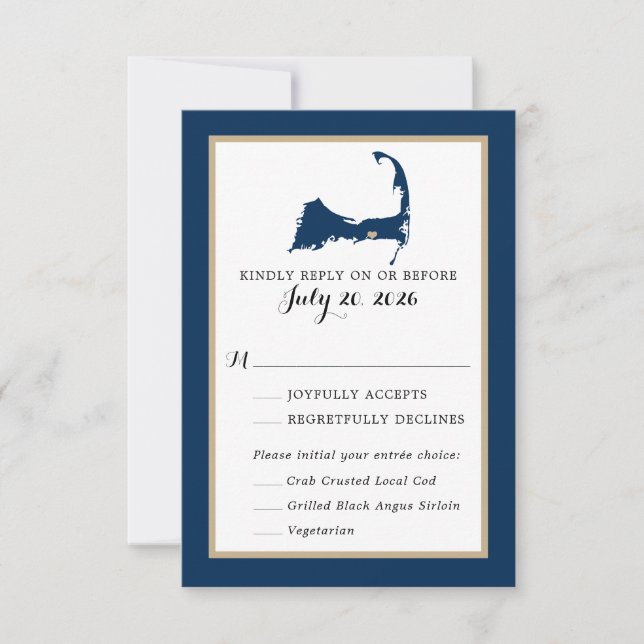 Navy Blue Dennis Cape Cod Map Wedding menú RSVP (Anverso)