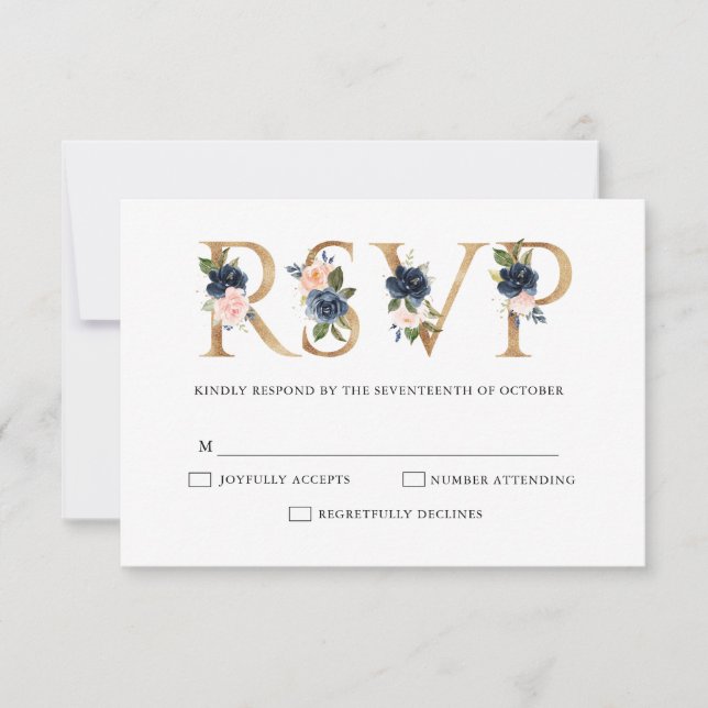 Navy Blue Dusty Rubor Boda Floral Rosa RSVP (Anverso)