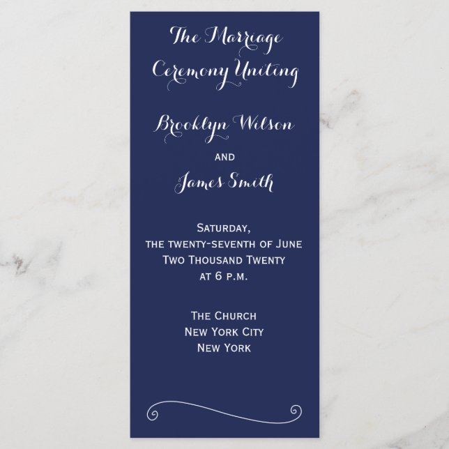Navy Blue Elegant Wedding Programme Tarjetas para  (Anverso)