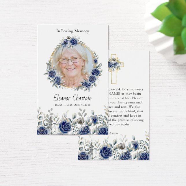 Navy Blue Floral Gold Photo Sympathy Prayer Cards (Escritorio)