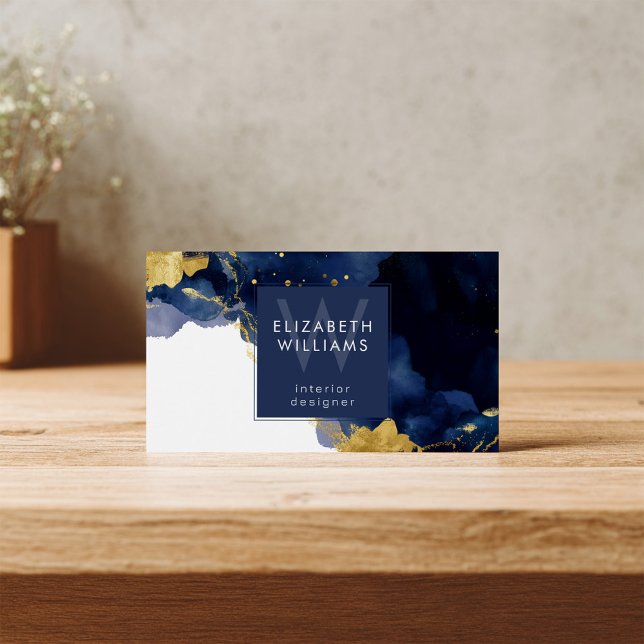 Navy Blue Gold Abstract Monogram Business Card (Subido por el creador)