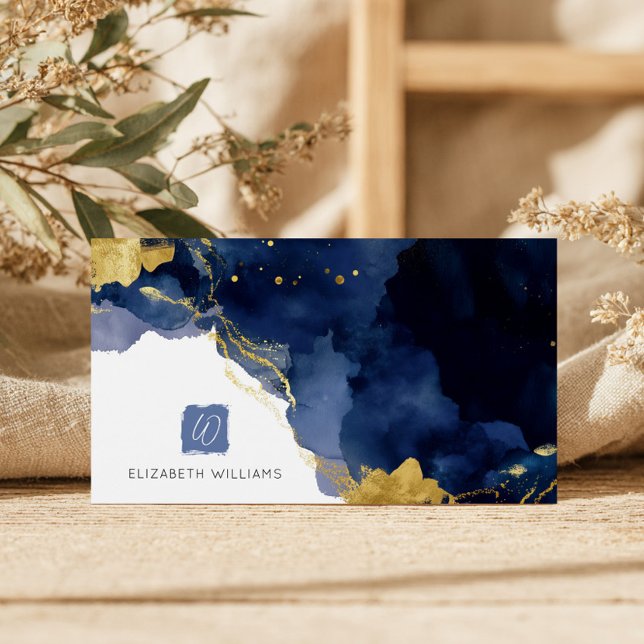 Navy Blue Gold Abstract Monogram Business Card (Subido por el creador)