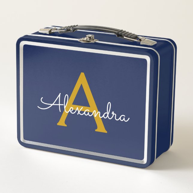 Navy Blue Gold Modern Script Girly Monograma Nombr (Anverso)