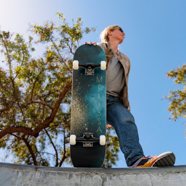 Navy Blue Gold Nebula Monograma Skateboard (Exterior 1)