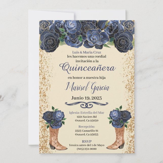 Navy Blue Gold Quinceanera Invitation Floral Blue  (Anverso)