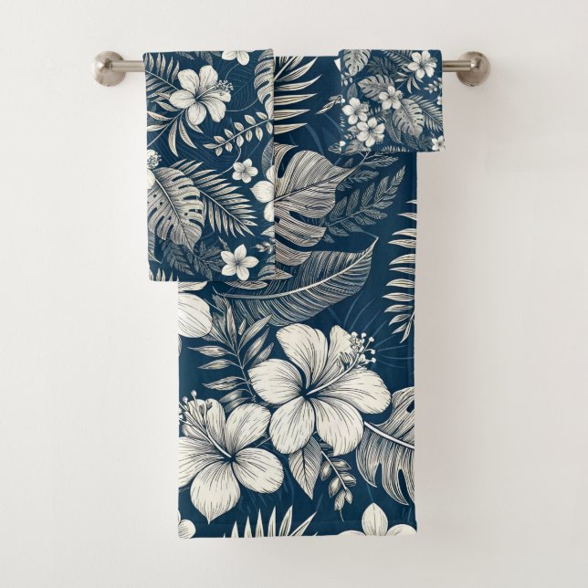 Navy Blue Hibiscus Monstera Tropical Botanical (In situ)