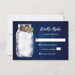 Navy Blue Mason Jar Wood Lights Wedding Tarjeta RS