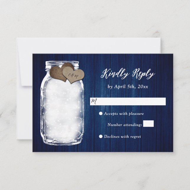 Navy Blue Mason Jar Wood Lights Wedding Tarjeta RS (Anverso)