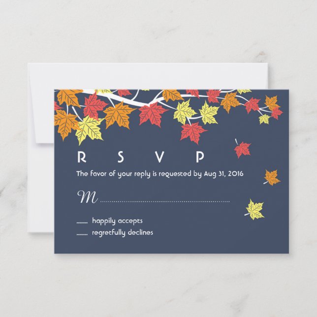 Navy Blue Otumn Wedn Tarjeta RSVP Hojas de arce (Anverso)