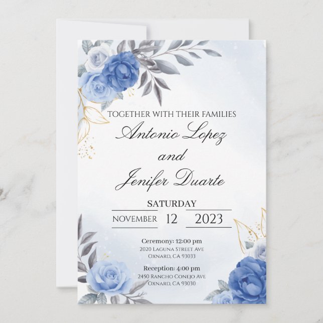Navy blue peony rose wedding invitation, boda (Anverso)
