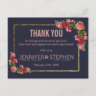 Navy Blue Pink Floral Gold Gracias Postales