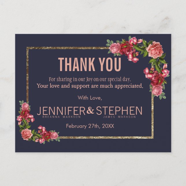 Navy Blue Pink Floral Gold Gracias Postales (Anverso)
