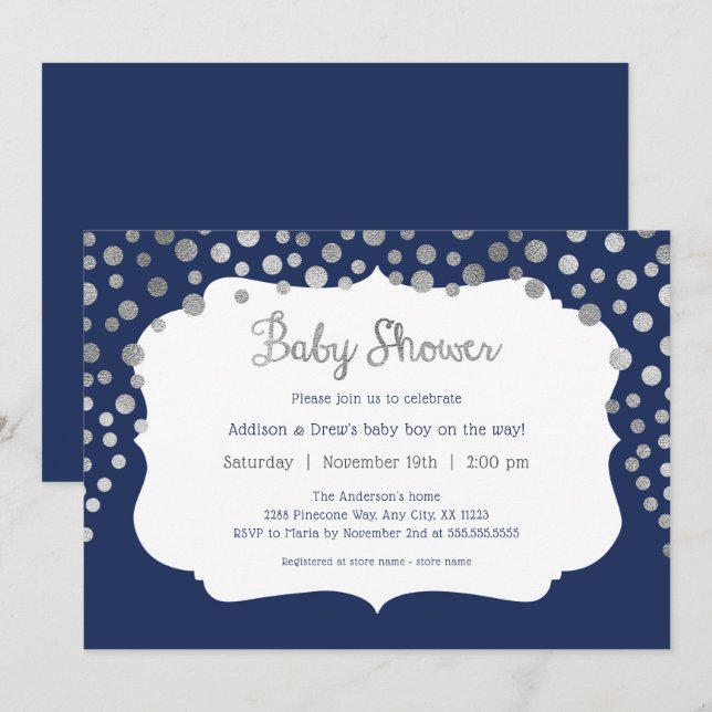 Navy Blue puntos de plata niño invitaciones a la d (Anverso / Reverso)