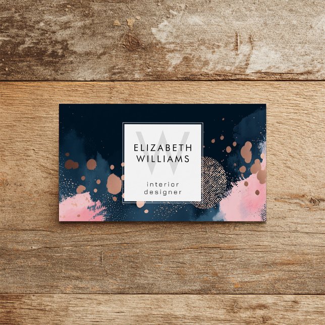 Navy Blue Rose Gold Monogram Business Card (Subido por el creador)