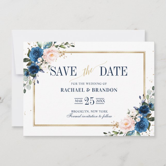 Navy Blue Rubor Geometric Pink Save the date card (Anverso)